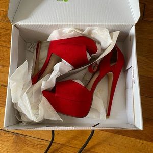 Size 8, open toed, Red high heels